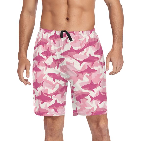 Men's Pajama Shorts Bottoms with Pockets Soft Lightweight Lounge Sleep Wear Pink Shark Silhouette