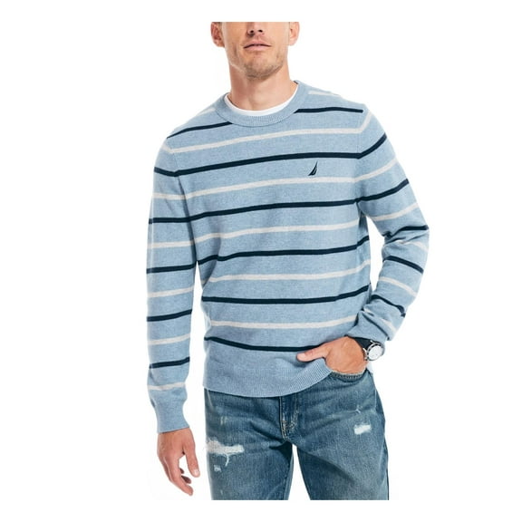Nautica Mens Striped Ribbed Trim Crewneck Sweater