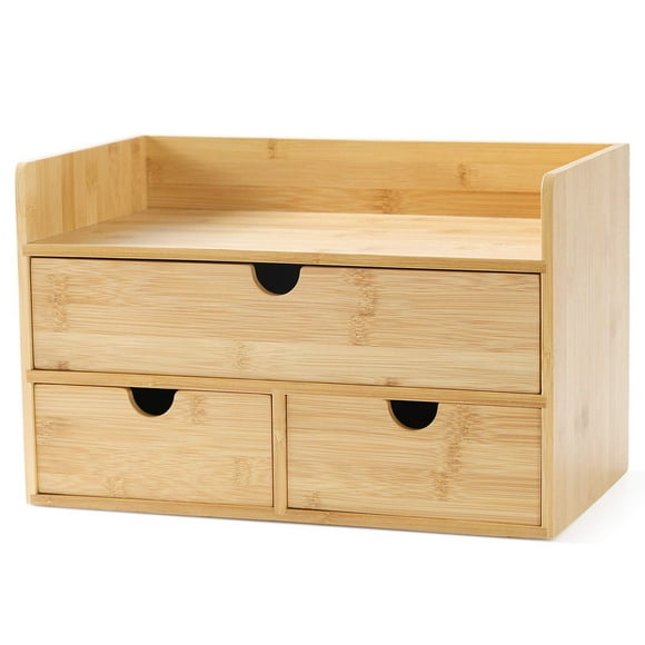 Bamboo Desk Organizer - Mini Bamboo Desk Drawer Tabletop Storage Organization Box for Office Home Toiletries Supplies, No Assembly Required (3 Drawer