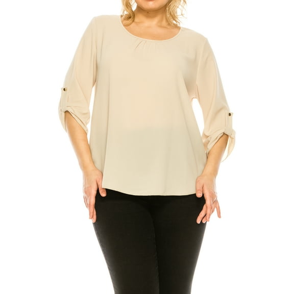 Women's Plus Size Casual Round Neck Top with Button Tab Sleeve