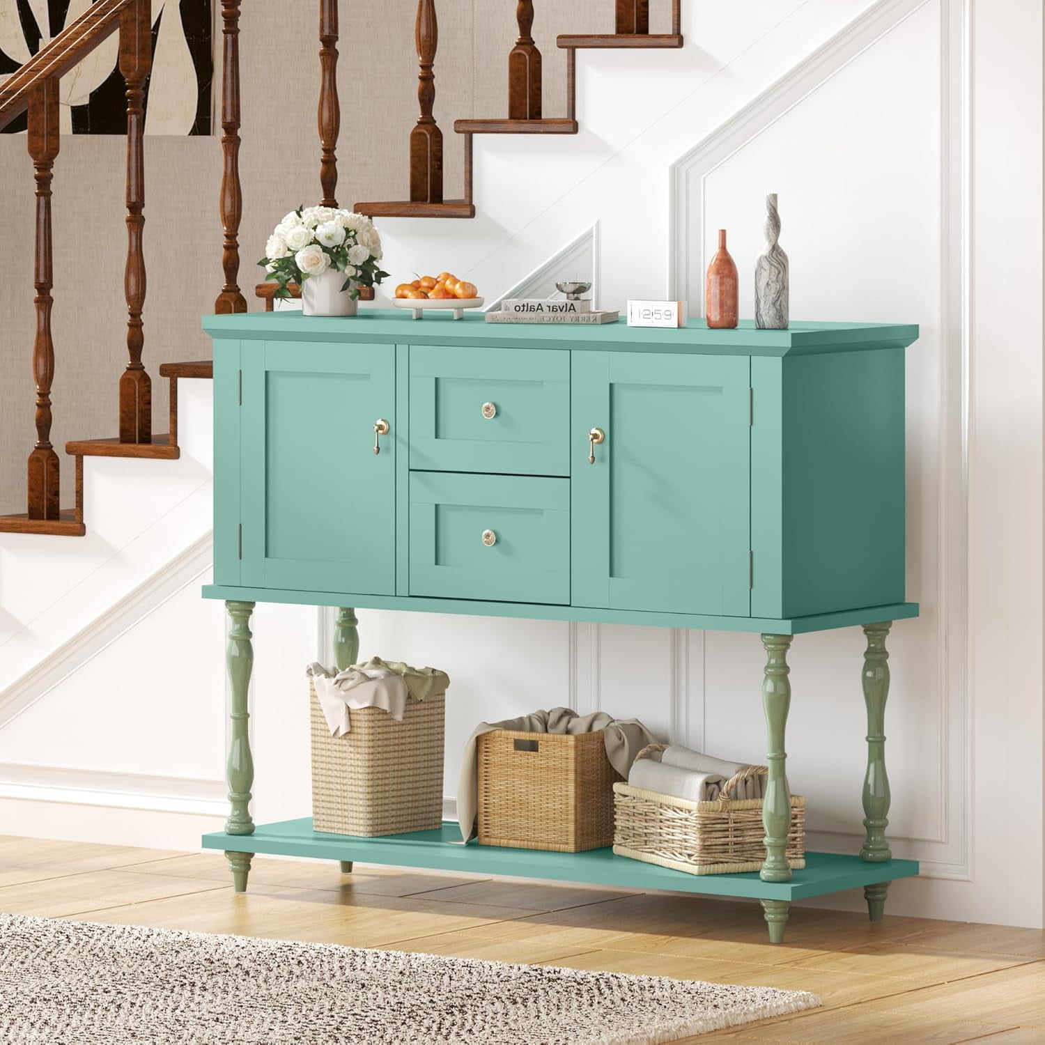 QinaQin Entryway Table with 2 Drawers,Vintage Console Table with Storage Shelf and 2 Doors,Farmhouse Buffet Sideboard Cabinet for Hallway,Entryway,Green