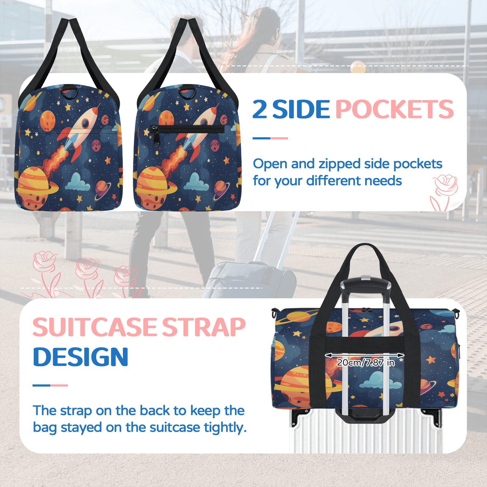 Herdesigns Space Cartoon Planet Travel Duffle Bag Sports Yoga Weekender Overnight Carry on Workout Bags Lightweight Waterproof Gym Tote Bag for Women