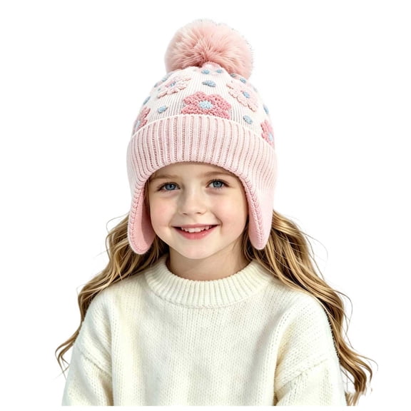 Suntak Toddler Beanies for Girls Warm Cute Pattern Winter Hat with Pom Pom 2-6 Years