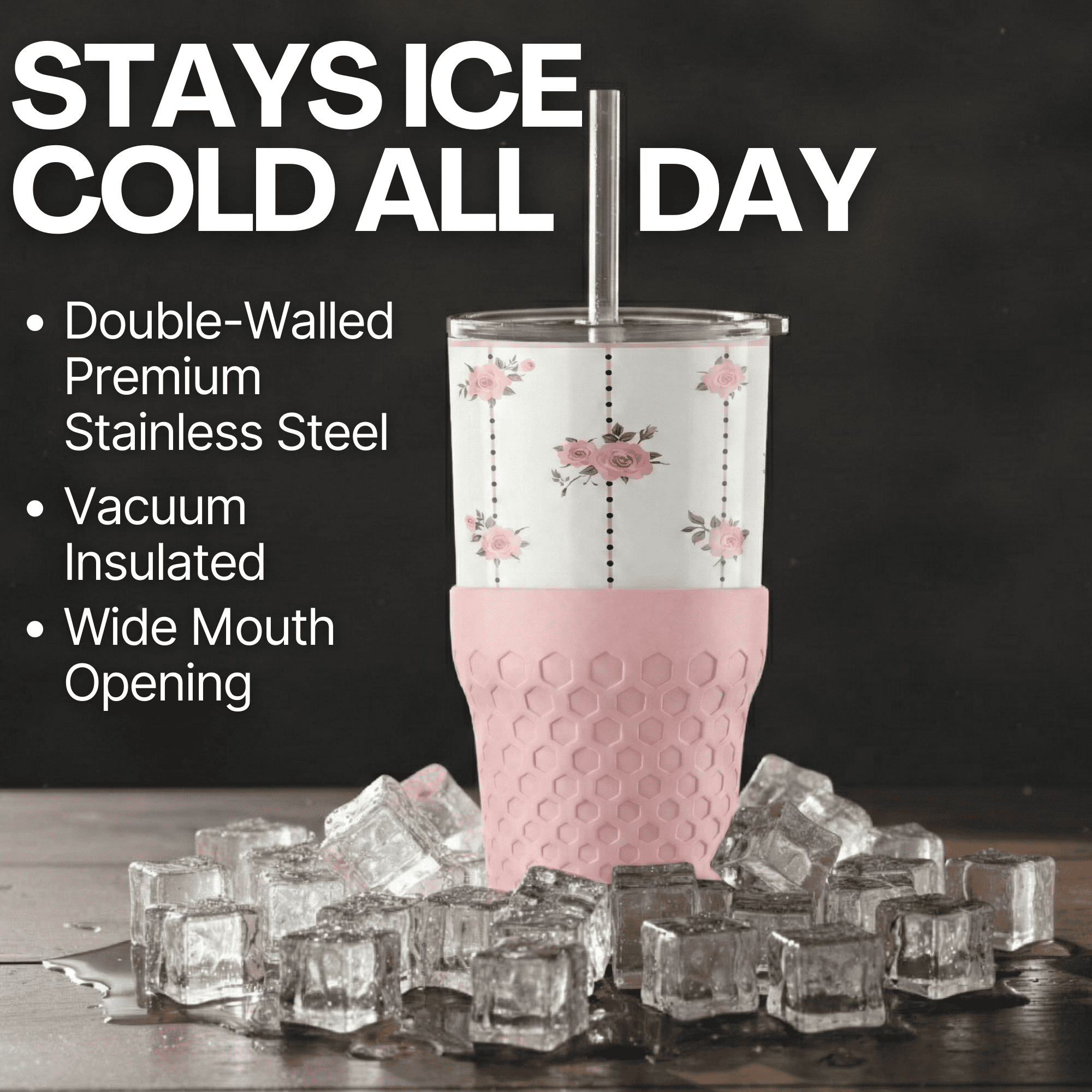 Biddlebee 30oz Insulated Stainless Steel Tumbler with Straw and Silicone Boot, Pink Roses