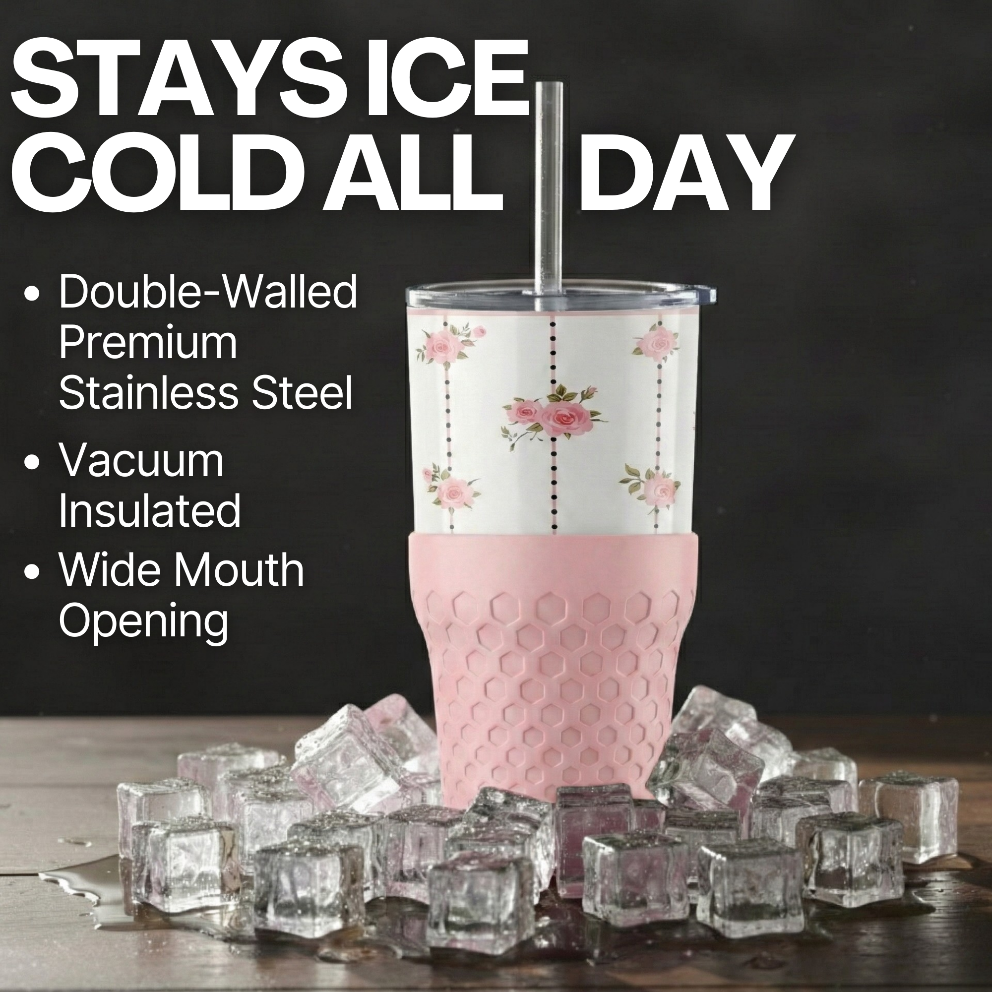 Biddlebee 30oz Insulated Tumbler with Straw and Silicone Boot, Pink Roses photo 2