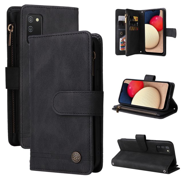 Case for Samsung Galaxy A02S Cover Zipper Pocket Wallet Case Magnetic Protective - Black