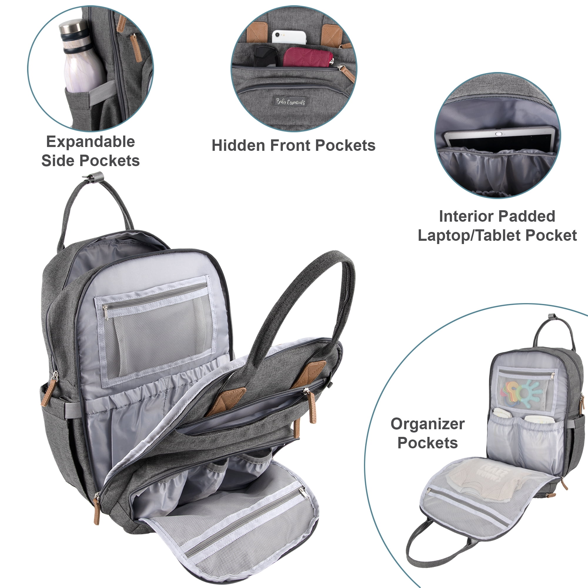 Baby Essentials Quilted 17 Pocket Diaper Bag Backpack Tote with Matching 6-Ply Changing Pad, Feeding Bottle Pockets, Stroller Straps & Pacifier Pouch in Heather Grey