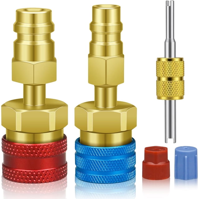 R1234YF Adapter with Valve Core Removal Tool, R1234YF to R134A Quick Coupler, High Low Side Connector Conversion Kit AC Charging for Automotive Air Conditioning Evacuation & Recharging