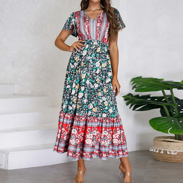 SMihono Summer Boho Maxi Dress pour les Femmes Plus Size Femmes de la Mode Casual Printemps et Summer Floral Impression à Manches Courtes Cheville V-Cou Dress Plage Swing Sundress
