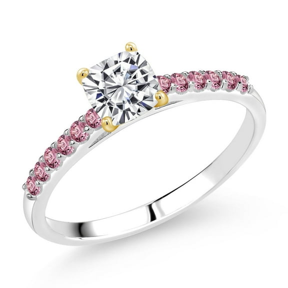 Gem Stone King 925 Silver and 10K Yellow Gold Lab Grown Diamond and Pink Lab Grown Diamond Engagement Ring for Women | 0.94 Cttw | Cushion 5MM | Gemstone April Birthstone | Size 7