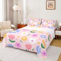 Feelyou Pink Groovy Flower Full Size Sheets, Kawaii Cartoon Floral Bed Sheets, Teens Kids Girls Women Sheet Sets, Breathable Home Decor, 4-Piece
