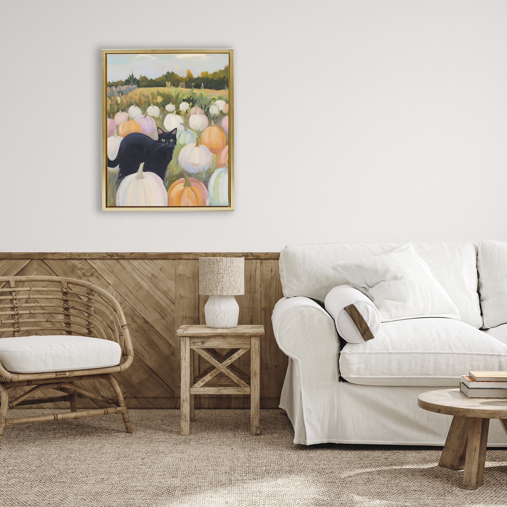 Stupell Industries Kitten & Pumpkins in Field Gold Framed Floater Canvas Wall Art, design by The Prints Vibe