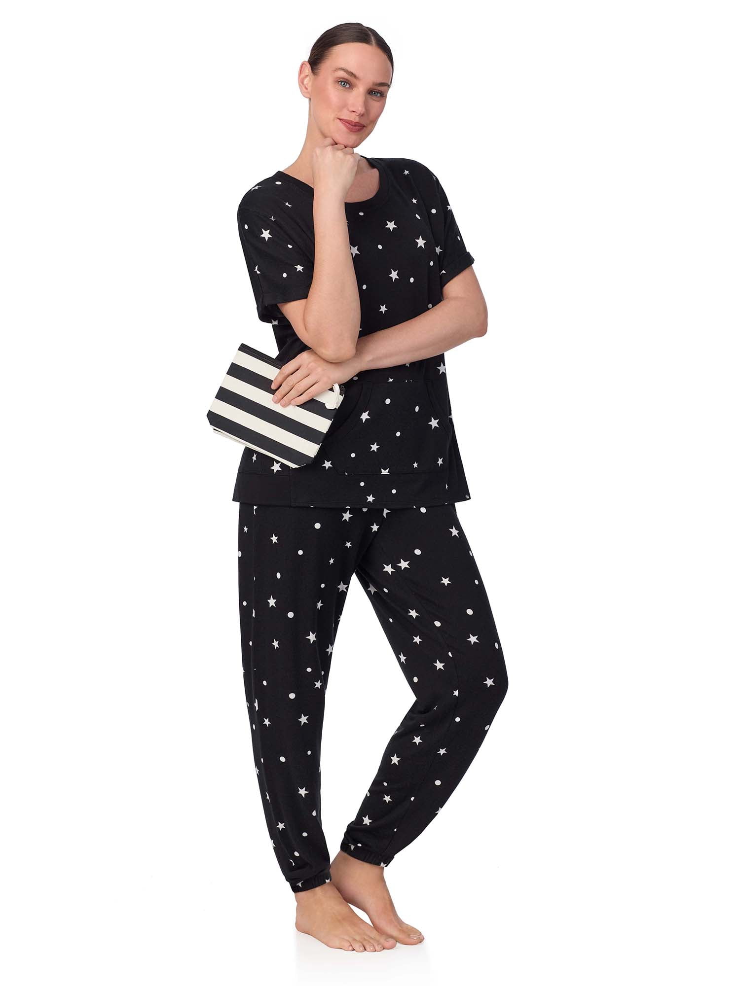 Secret Treasures Women's and Women's Plus Short Sleeve Top and Joggers with Makeup Bag, 3-Piece Knit PJ Set