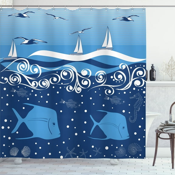 Ambesonne Nautical Shower Curtain, Underwater Life Sail, 69"Wx70"L, Blue White
