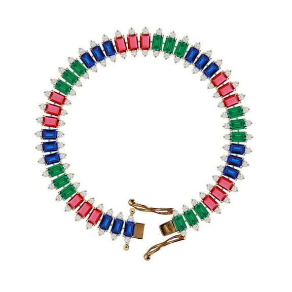 925 Silver Lab Ruby, Emerald And Sapphire Gemstone Octagon With White Topaz Bracelet,Multi Colour Tennis Bracelet,Lab Colour Octagon Tennis
