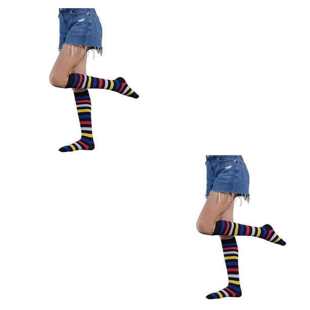 Minnieouse 1 par de calcetines a rayas hasta la rodilla con iris Transpirabilidad Corazón Cómodo Cálido Fácil de combinar Apariencia de moda Medias rayas negras 2piezas Minnieouse CBP289101