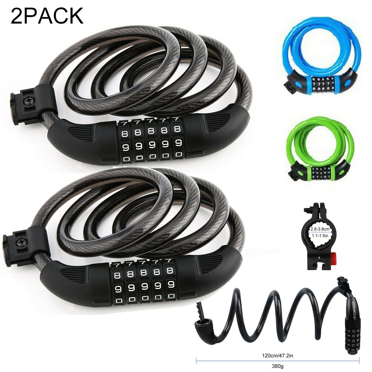 2pcs 1.2meter 5-Digit Code Bicycle Lock Combination Cable Bike Lock ...