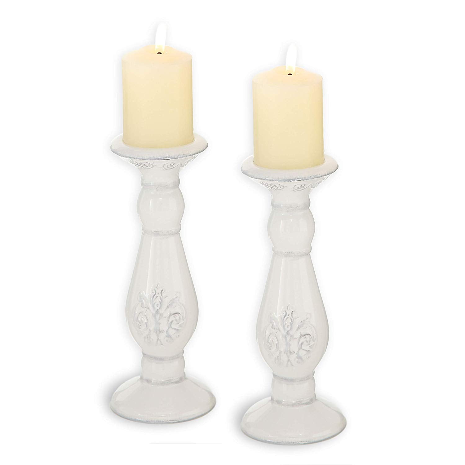 2 Piece Crested Ceramic Candle Holders, Round Turned Columns, Rustic