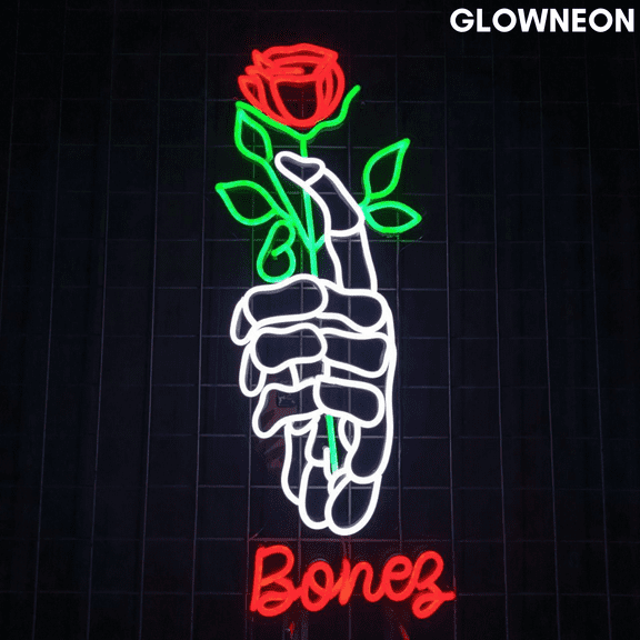 Glowneon Halloween Gift, Skeleton Hand With Rose Flower Neon Led Sign