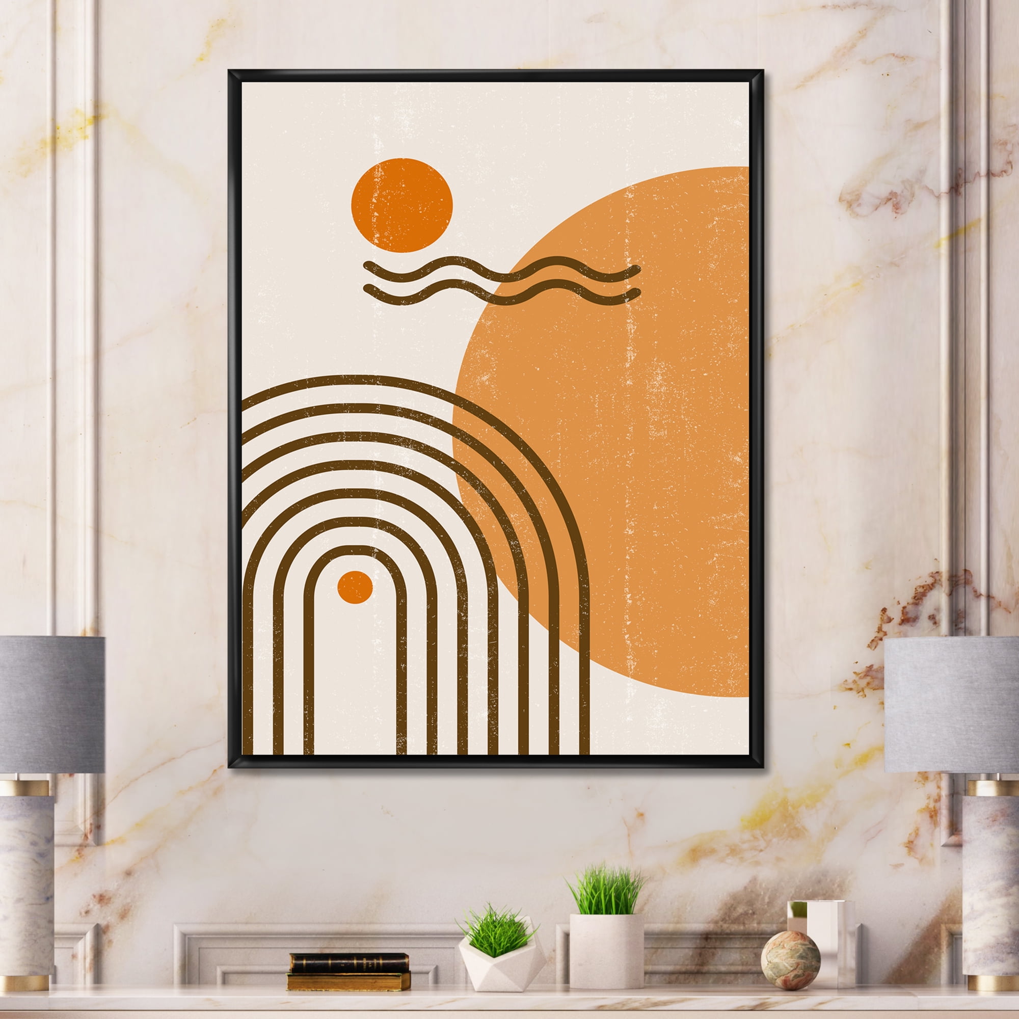 Designart 'Abstract Rainbow Moon and Sun In Earth Tones II' Modern Framed Canvas Wall Art Print