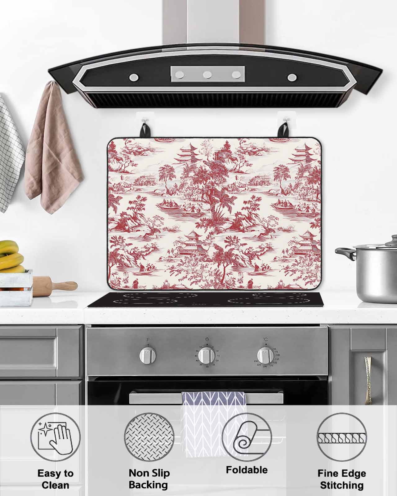 nqOlkjepod Large Induction Cooktop Protector Mat 24"x21", Red Garden Retro Stove Top Covers for Electric Stove, Modern Art Building Tree Boat Stove Burner Cover Mats, Glass Top Stove Cover