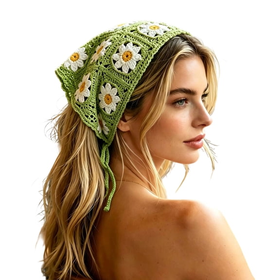 Crochet Daisy Triangle Headscarf for Women, Lightweight Breathable Knit Floral Bandana Tie Headband, Vintage Floral Triangle Turban for Spring Summer Autumn Daily Outfits
