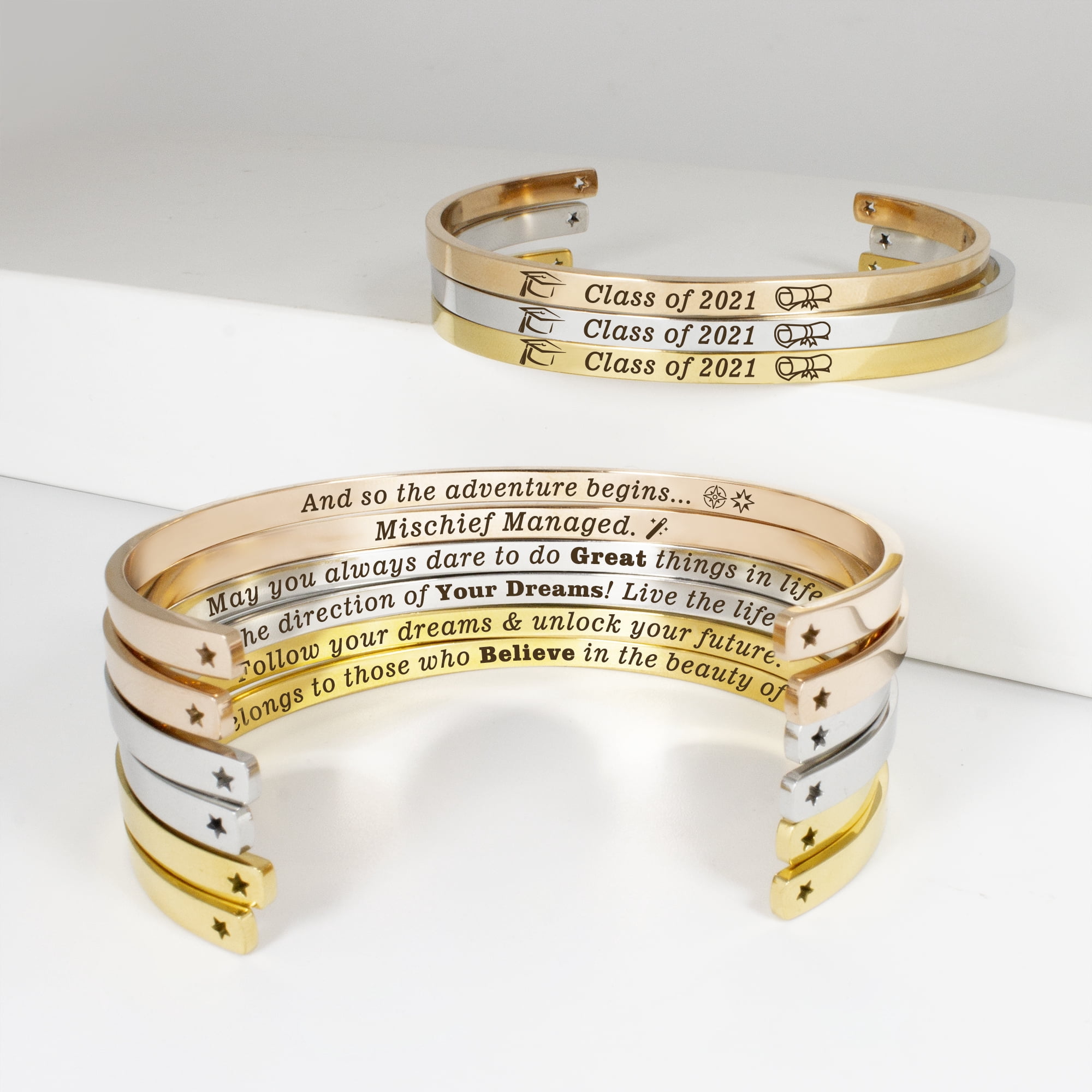 "She believed she could…" Gold Stainless Steel Graduation Theme Hidden Message Gift for Her Cuff Bracelet with Gift Set