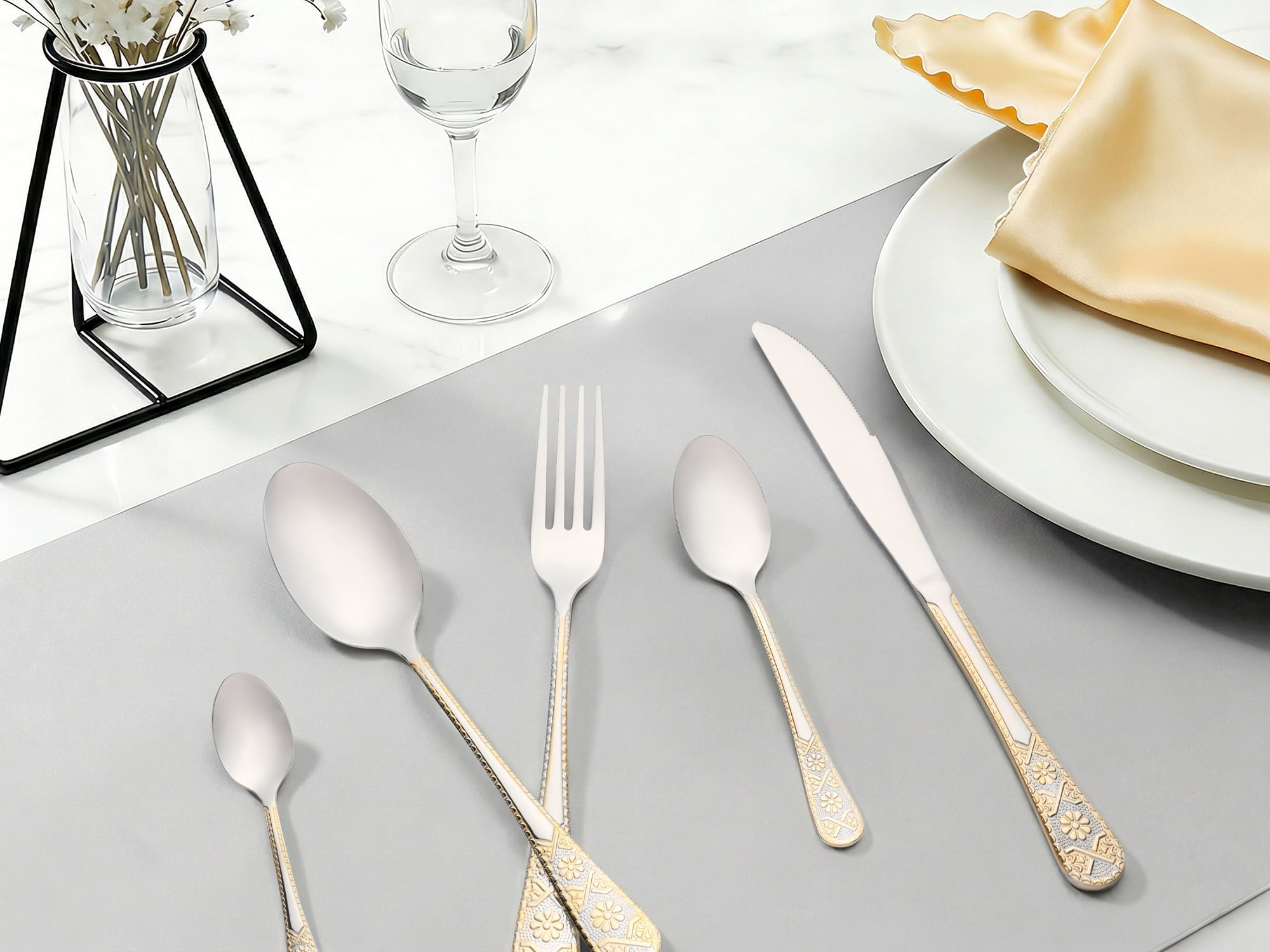 Unique Bargains 20 Piece Stainless Steel Floral Dinner Flatware Set Silver/Gold 20