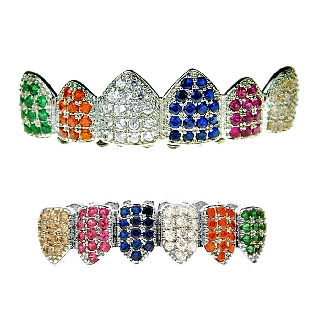Best Grillz Grillz Set CZ Cubic Zirconia Silver Tone MultiColor