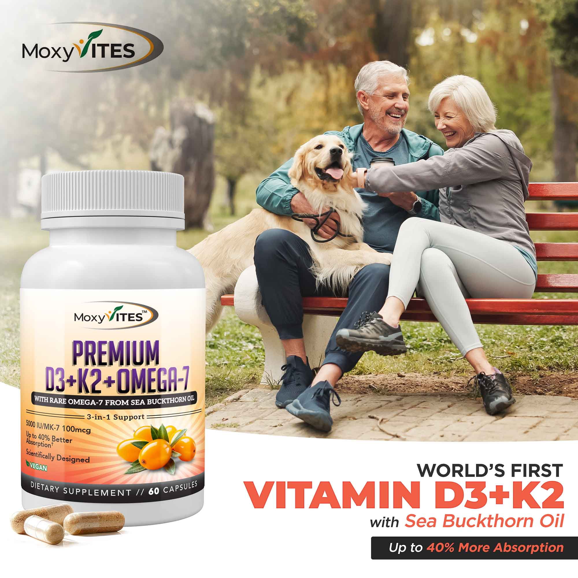 MoxyVites Vitamin D3 5000 IU K2 MK7 Omega-7, Bone and Immune Support, Vegan, Gluten-Free, 60 Count