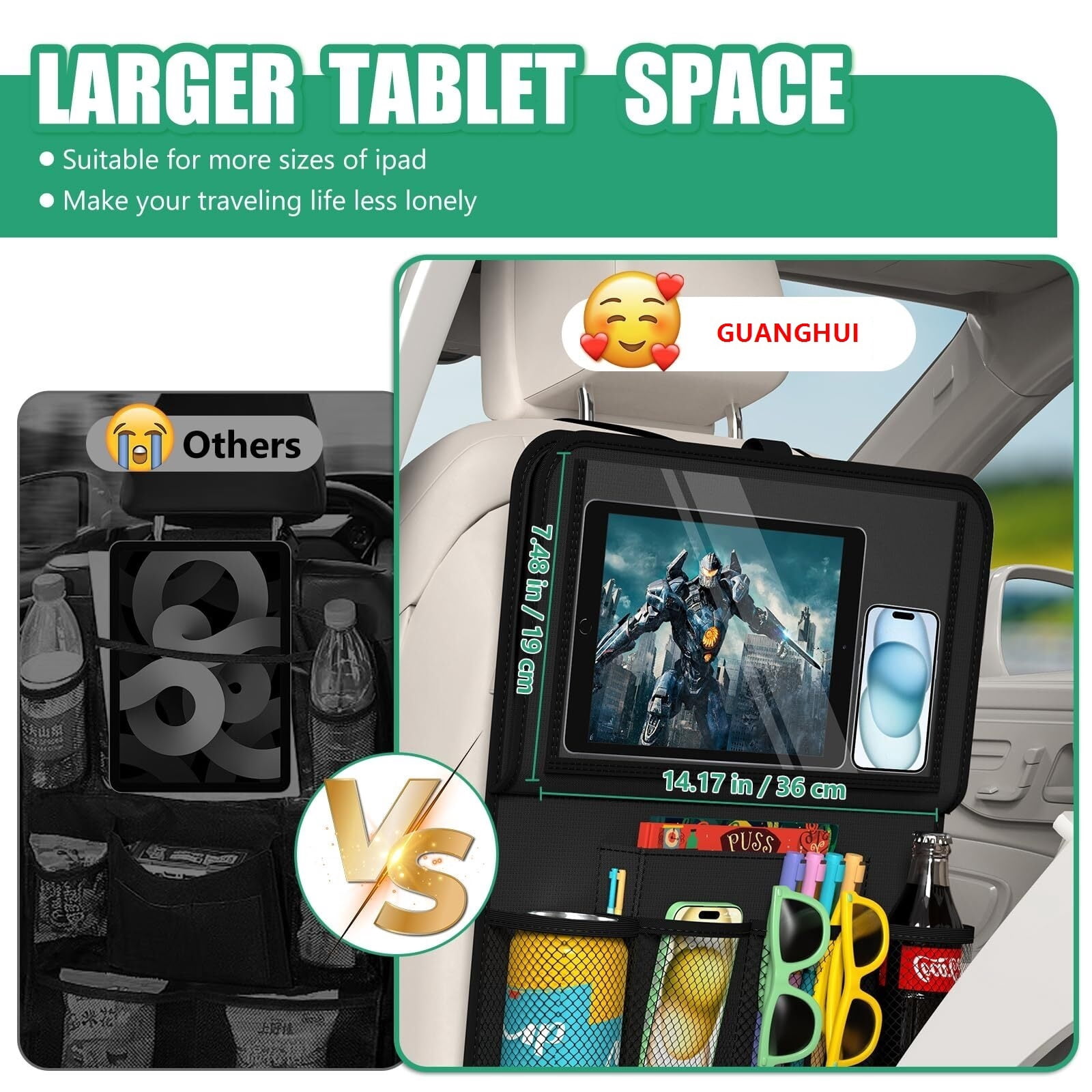 GUANGHUI Car Backseat Organizer with Tablet Holder,11 Storage Pockets with Foldable Food Tray, Protector Kick Mats for Kids, Travel Accessories Organizer (Gray, 1Pack)