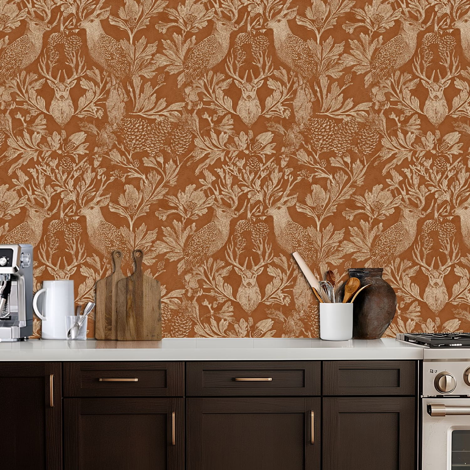Hunt Peel and Stick Wallpaper 17.7in x 9.8ft Vintage Botanical Wildlife Deer Birds Foliage Warm Contact Paper Vinyl Waterproof Self Adhesive Wall Paper for Bedroom Shelf Cabinet Renter Friendly