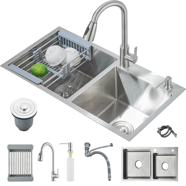 Fregadero de cocina acero inoxidable,Fregadero De Cocina de Doble Tazón, 80 * 45 * 21cm Fregadero De Barra con Grifo y Escurridor de Platos,con Dispensador de jabón, para Baño, Cocina, Bar