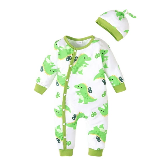 Baby Boy Clothes Dinosaur Print Long Sleeve Romper with Hat Newborn Infant Jumpsuit Outfits 3-6 Months