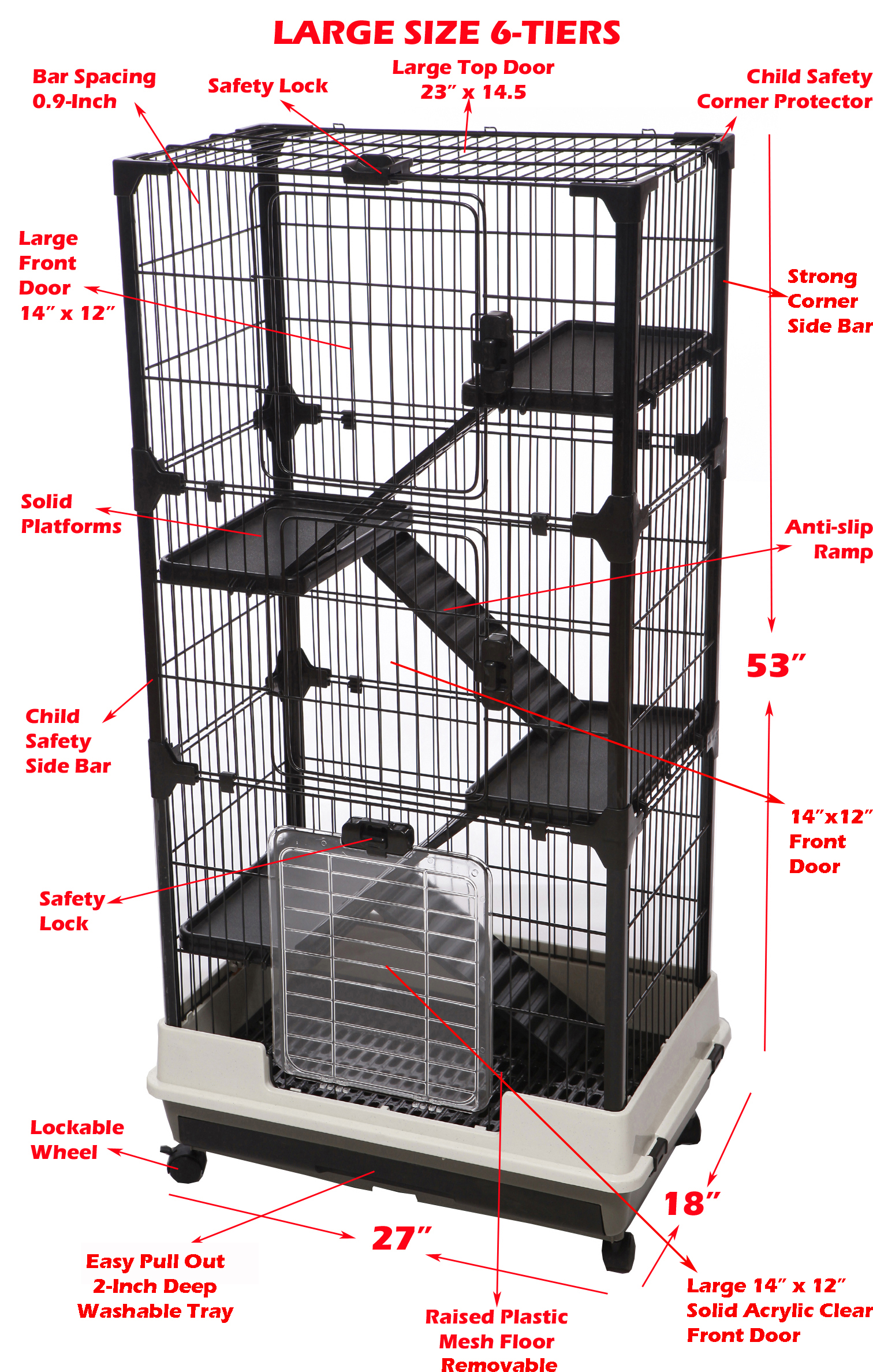 X-LARGE 52-inch Deluxe and Spacious 5-Level Indoor Outdoor Ferret Chinchilla Guinea Pig Cage Rabbit Hutch Paw Safe Solid Platform Ramp Mesh Floor Leakproof Tray Large Access Doors Lockable Casters