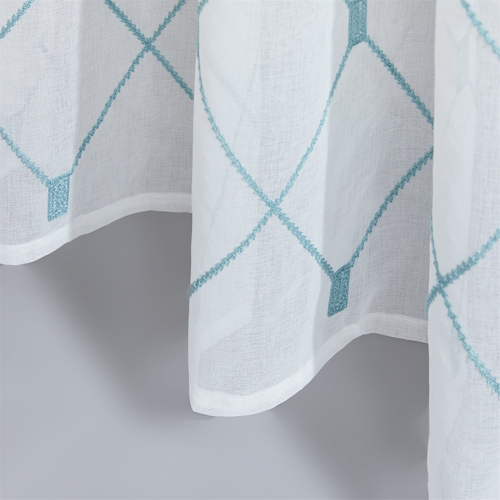 Sheer Window Curtain abstract blue background with transparent white parchment  squares with linen style texture or brush strokes layered in random pattern  with geometric angles and shapes 