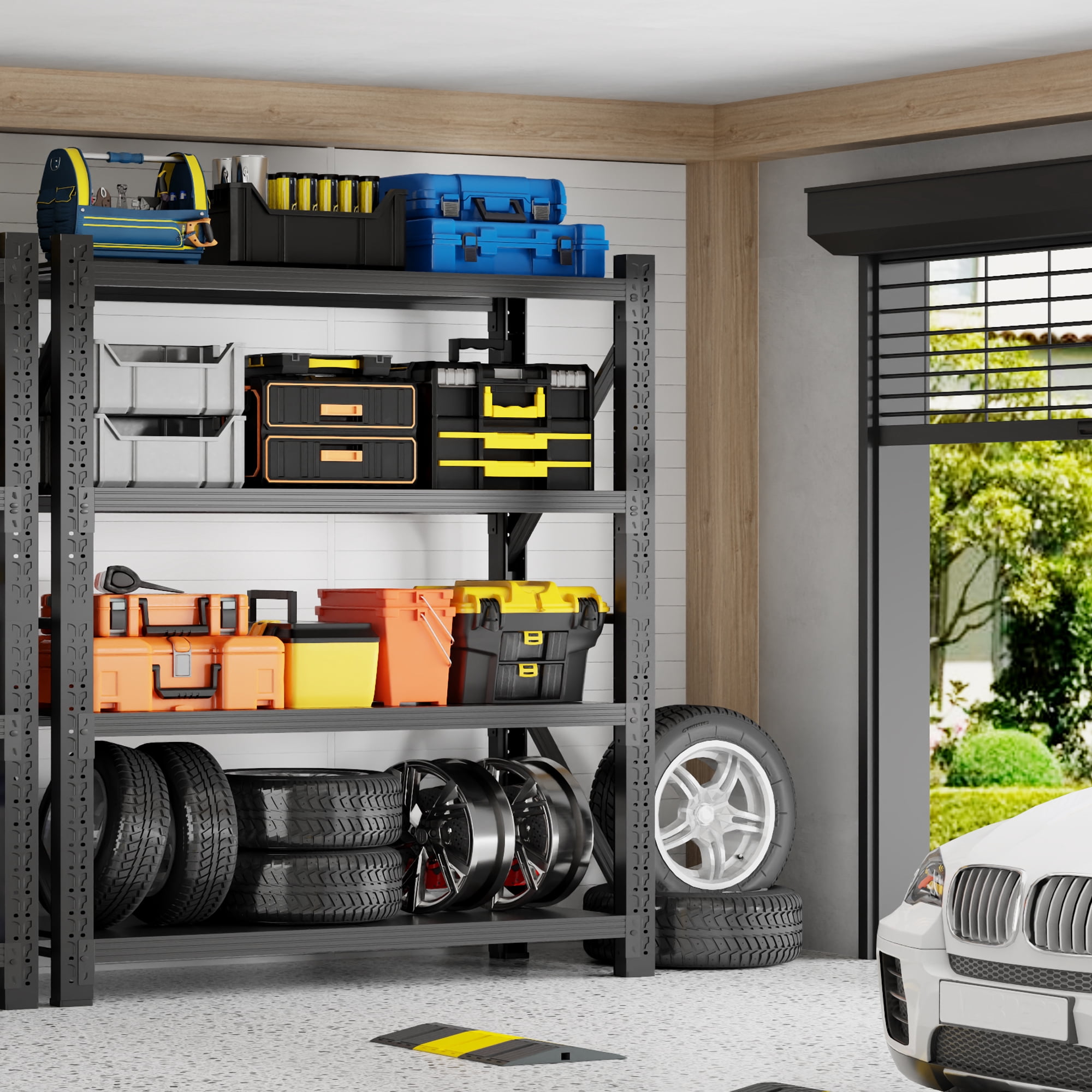 59" W Garage Shelving 3000LBS Garage Storage Shelves 4-Tier Metal Adjustable Shelf Unit Storage Rack for Basement Supermarket Warehouse 59" W x 24" D x 78" H Black