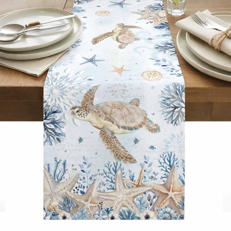 Marine Life Cotton Linen Table Runner Blue Beige Ocean Turtle Coral Starfish Seashell Coastal Dining Table Runners for Home Decor Party Dining Room Restaurant Kitchen Party 13" x 90"