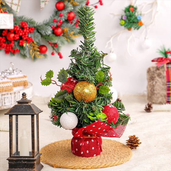 Mini Christmas Tree Ornament 9.8 Inch Green Plastic Desktop Decoration | Small Holiday Tabletop Decor for Office Bedroom Living Room | Festive Red Fruit Accent Seasonal Scene Arrangement