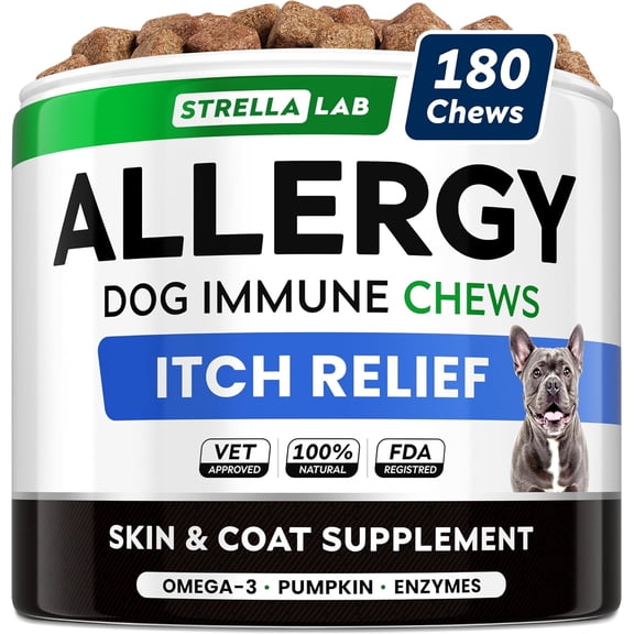 StrellaLab Dog Allergy Relief & Anti Itch Relief for Dogs Chews with Omega 3 - Skin & Coat Immune Supplement with Fish Oil, Pumpkin & Enzymes — Developed by Experts - Made in USA - 180 Count