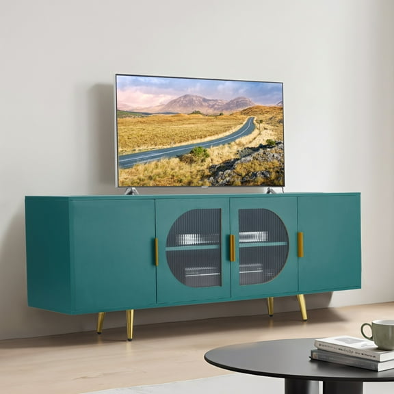 KFFKFF 66" TV Stand for TVs up to 75 Inches, Entertainment Center with Glass Storage Cabinet & Adjustable Shelves, Media Console for Living Room