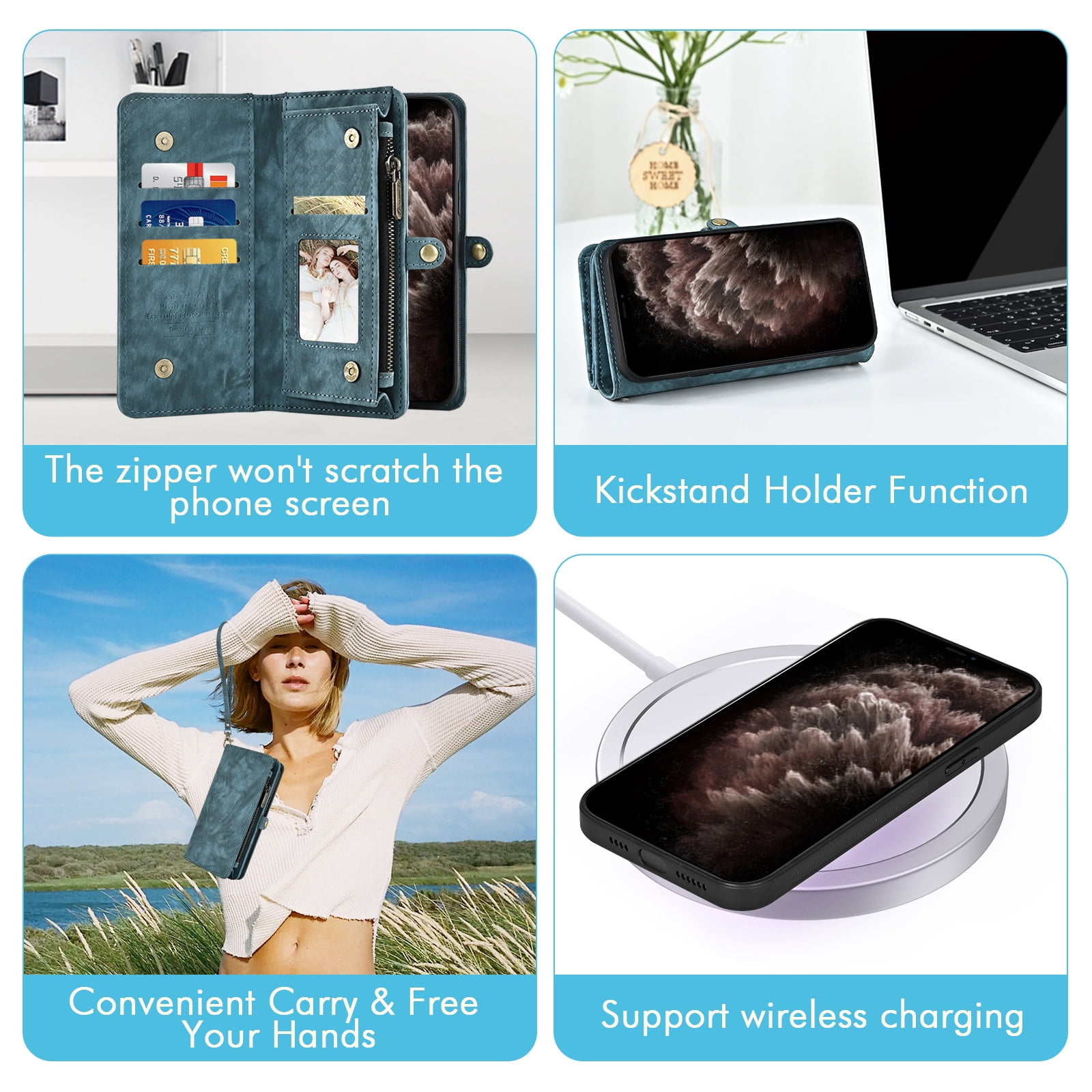 Asuwish Compatible with iPhone 13 Pro Max 2021 6.7 inch Phone Case Zipper Wallet Screen Protector Strap Flip Card Holder Cell Cover for iPhone13promax 5G i Phone13Max Plus iPhone13 ProMax Women Blue