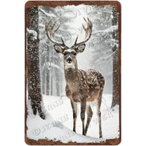 Winter Decor Deer Vintage Aluminum Sign Christmas Party Decorative Snowy Forest Nature Picture Cute Woodland Animal Wall Decor Nursery Wall Art 12x8 inches