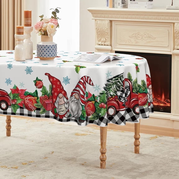 Christmas Tablecloth 60×84 Inch Oval, Gnome Truck Gifts Black Buffalo Plaid Washable Seasonal Table Cover for Party Picnic Dinner Decor
