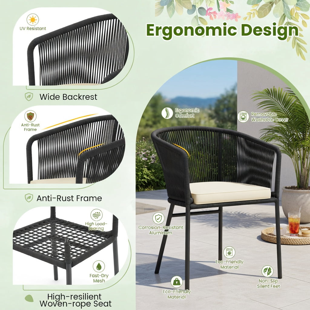 Hommoo 4-Piece Outdoor Patio Chair Set with Curved Backrest, Thick Seat Cushions & Adjustable Feet, Modern Bistro Chairs for Deck, Balcony, or Garden, Black
