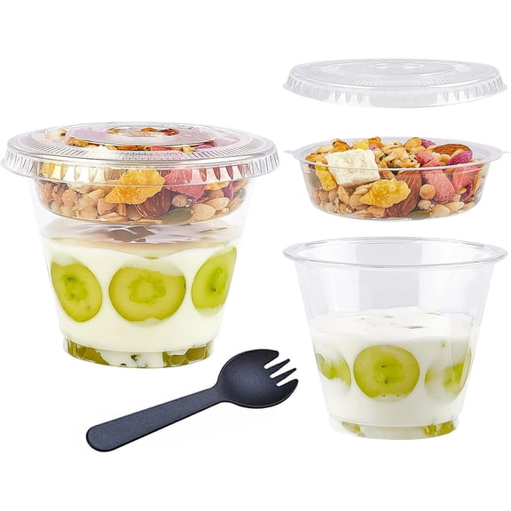 9 oz Clear Plastic Yogurt Parfait Cups with Lids Disposable To Go Cereal Cups for Breakfast Snack Fruit, Veggies and Dips (50 Cups Inserts Sporks Flat Lids)