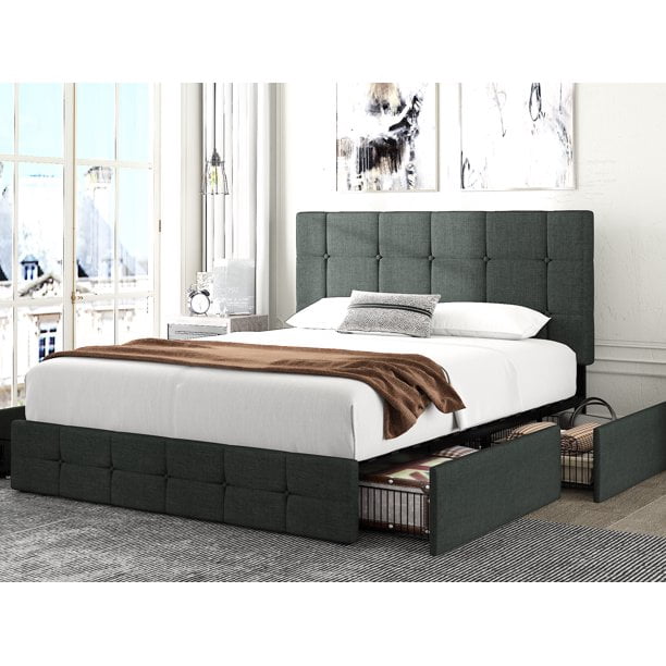 Amolife Queen Size Platform Bed Frame, Full Size Football Headboard With Storage