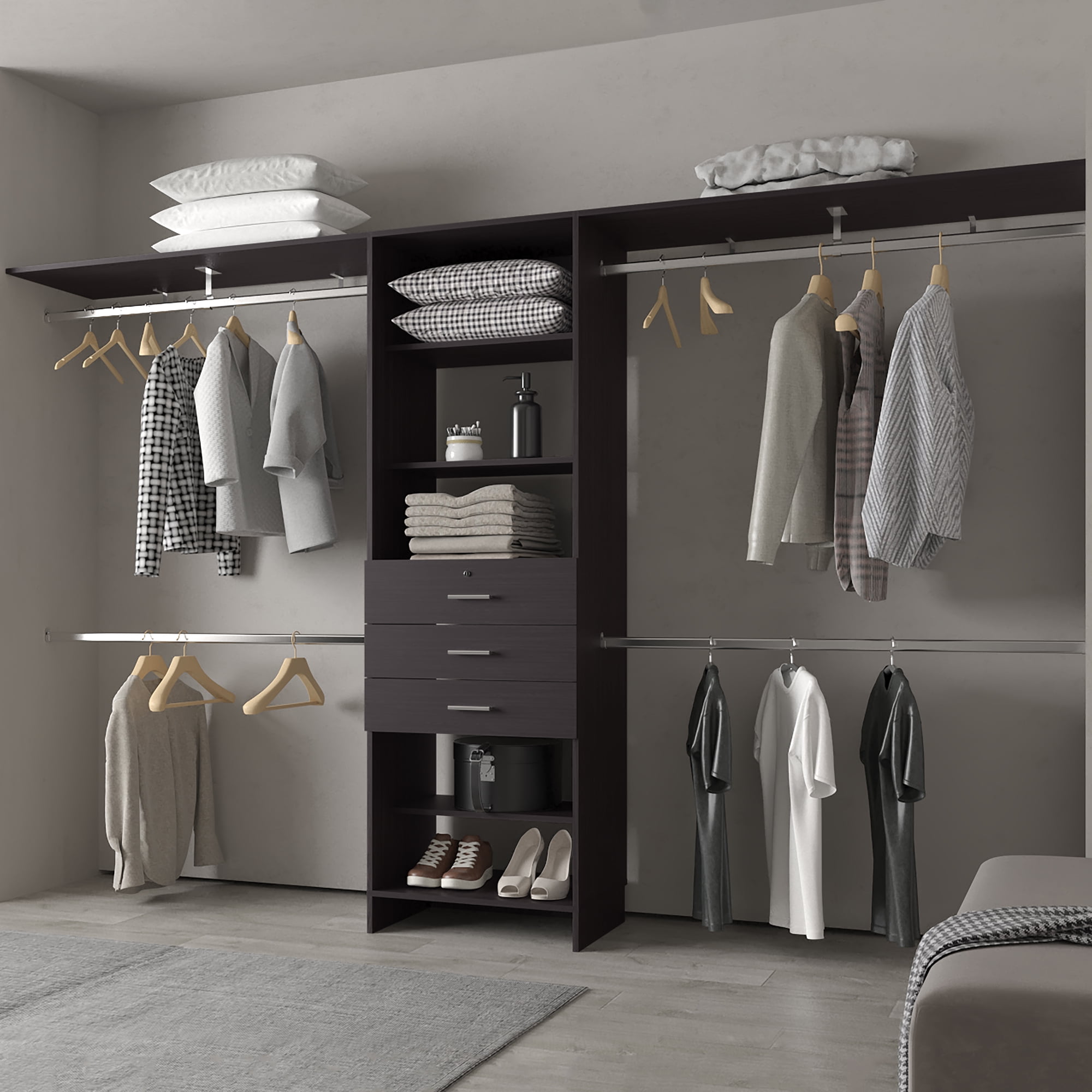 FM FURNITURE Geek Modular Closet Organizer System with Hanging Rods Shelves and Drawers Wengue