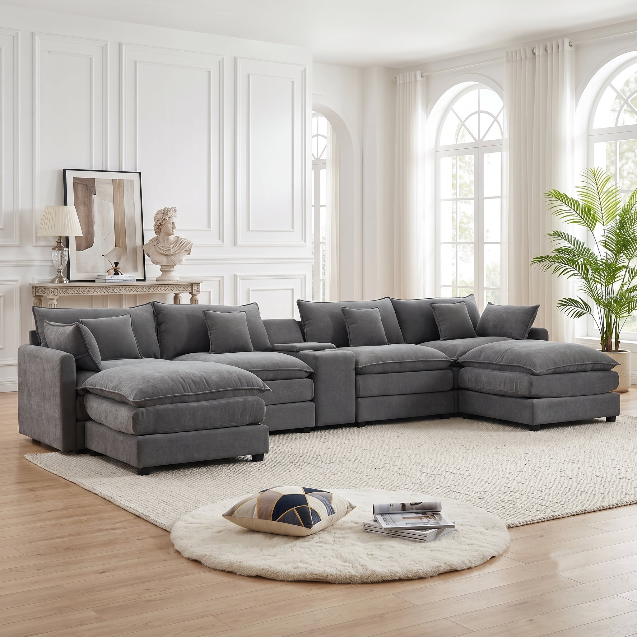 ANPPORT 145" U Shaped Cloud Modular Sectional Sofa, Chenille Deep Seat Couch with Storage Console, USB Ports & Cup Holders for Living Room, Grey