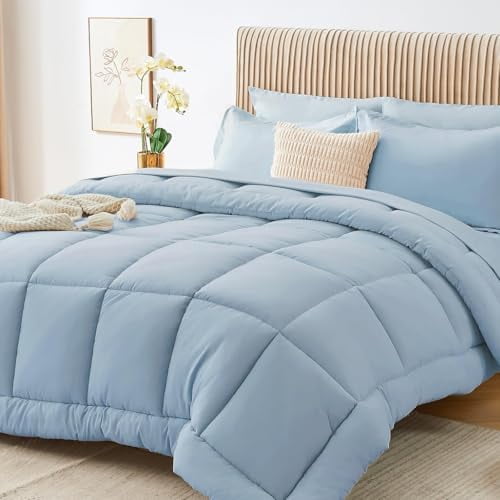 Queen Comforter Set, 7 Pieces Bed in a Bag Queen, Complete Bedding Set Includes Comforter, Flat Sheet, Fitted Sheet, Pillowcases and Pillow Shams, Greyish Blue